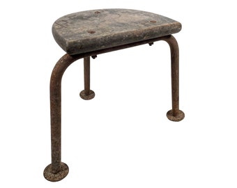 Vintage French Small Milking Stool Wooden Rusty Metal Step Chair Seat Kitchen Industrial Commercial Genuine circa 1950-60's