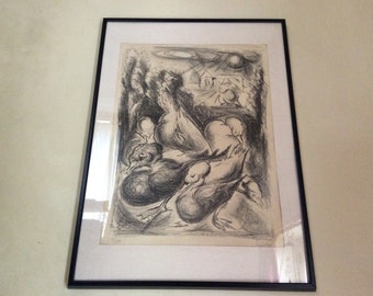 Vintage French original 1 of 100 art print of black drawing with ducks circa 1970's / EVE of Europe