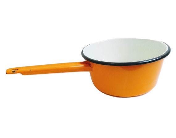 Vintage French Orange Enamel Medium Saucepan Sauce Pan Cooking Pot Camping  Stove Decorated Flowers Circa 1970-80's / EVE of Europe 