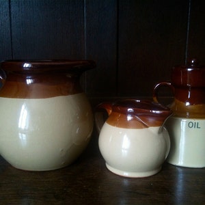 Vintage English Set of Three Jugs Pitchers Table Setting Dining Breakfast Cottage Brown Pottery Stoneware circa 1960-70&#39;s / EVE of Europe