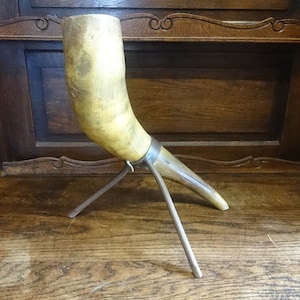 Ancien grand pot de rangement en corne d&#39;animal de vache, vase d&#39;exposition, socle de lampe avec support en cuivre lesté en plomb vers 1910-20 / EVE