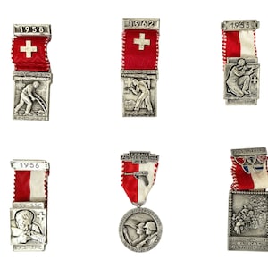 Vintage Swiss Sports Trophy Medals Collection Of Six Pin Badge Medal Pins Badges Assorted Mixed c1955-1962 / EVE