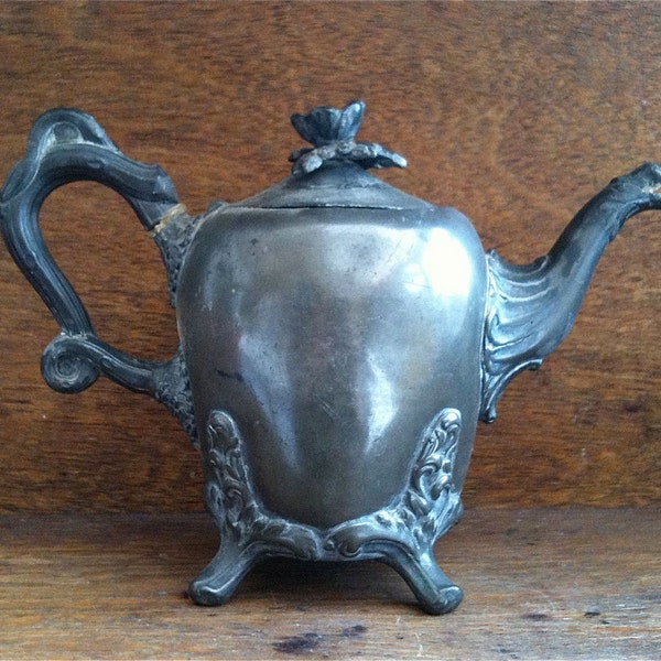 Antique English Pewter Tea Pot with Dragon Spout Branch Handle & Rose Top circa 1900's / English Shop