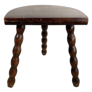 Vintage French Wooden Tripod Bobbin Leg Milking Stool Chair Seat Table Farm D Shaped Seat Plant Rest Stand Plinth Tabouret c1970&#39;s / EVE