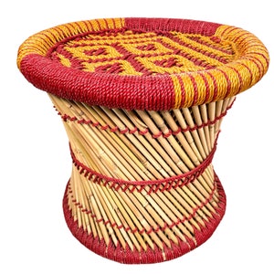 Vintage Indian Stool String Cane Canework Woven Bench Seat Chair Stand Display Shelf Tabouret circa 2000 / EVE