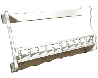 Vintage French Wooden White Shelf With Hangers Wall Hanging Mounted Shelving Unit Country Cottage Arts Crafts circa 1960-70's / EVE