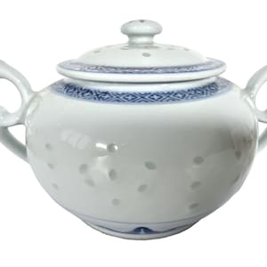 Vintage Chinese Sugar Storage Pot White Blue Rice Grain Pattern Asian Ceramic Ornament Serving Time Display circa 1970-80&#39;s / EVE
