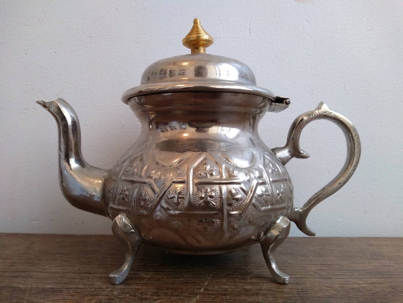 Vintage Moroccan Metal Small Decorated Handled Kettle Tea Teapot Pot Brewing circa 1960-70's / EVE of Europe image 2
