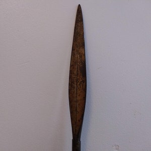 May include: A long, narrow, rusty metal spearhead with a pointed tip.