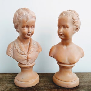 Vintage French Boy and Girl Slate Brown bust statue figurine plaster pair circa 1930-40&#39;s / EVE of Europe