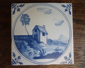 Vintage Italian Delft Style large wall tile blue white sold individually aged look reproduction house river tree c 1980-90's / EVE of Europe