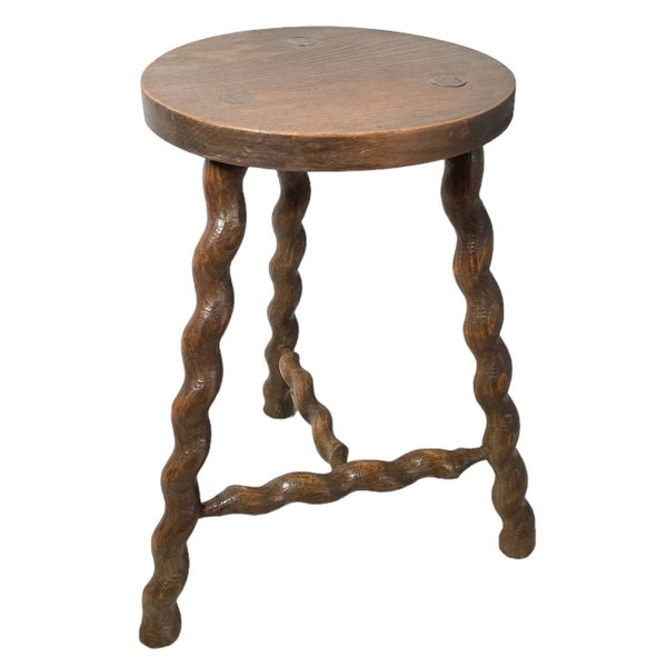 Vintage Français tabouret moyen en spirale torsadée Table rurale rustique en bois chaise en bois siège support pot de fleur orge torsadé c1950-60's / EVE