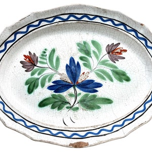 Antique French Decorative Faience Plate Hand Made Painted Blue Red Green White Gold Flowers Ceramic Dish Display DAMAGED c1900&#39;s / EVE