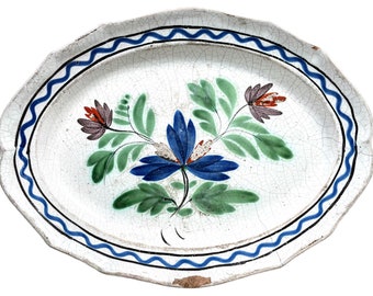 Antique French Decorative Faience Plate Hand Made Painted Blue Red Green White Gold Flowers Ceramic Dish Display DAMAGED c1900's / EVE