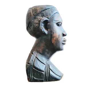 Vintage Afrikaans ebbenhout houten moslim man mannelijke buste idool standbeeld primitieve kunst snijwerk sculptuur ornament display jaren 70 / vooravond van Europa