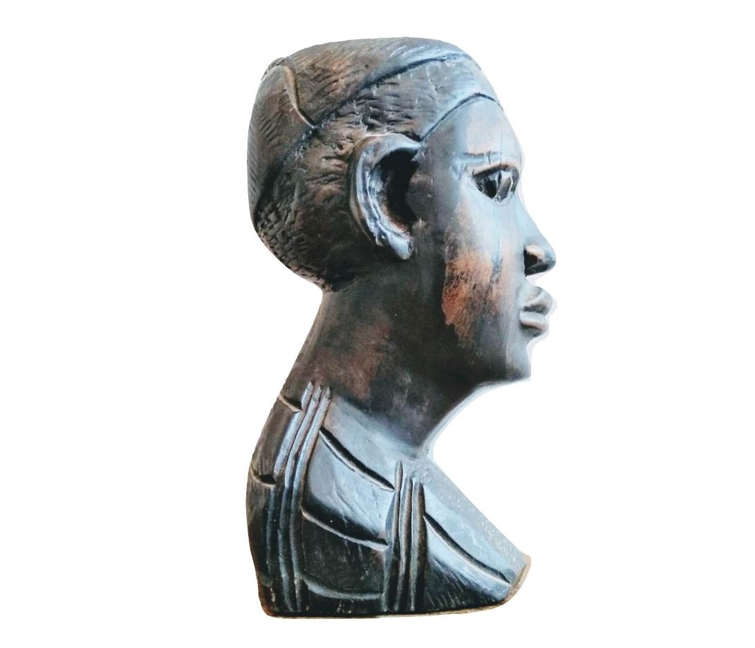 Vintage African Ebony Wood Wooden Muslim Man Male Bust Idol Statue Primitive Art Carving Sculpture Ornament Display c1970's / EVE of Europe