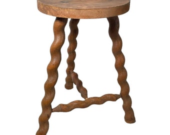 Vintage French Twisty Spiral Medium Stool Rustic Rural Table Wooden Wood Chair Seat Stand Flower Pot c1950-60's / EVE