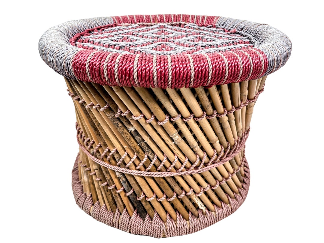 Vintage Indian Stool String Cane Canework Woven Bench Seat Chair Stand ...
