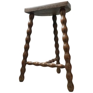 Vintage French Tripod Stool Chair Seat Wooden Milking Kitchen D Shaped Seat Braced Bobbin Leg Rest Stand Plinth Tabouret c1960&#39;s / EVE