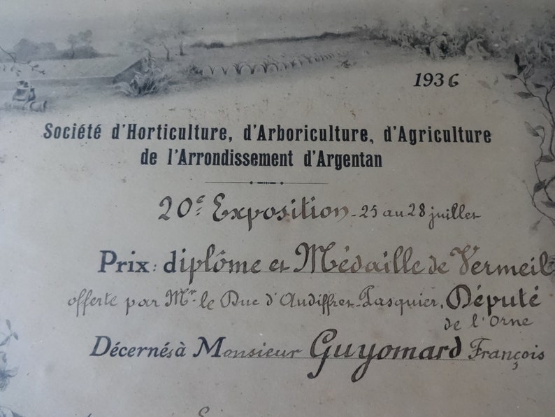 May include: Black and white image of a certificate from the 1936 Horticultural, Arboriculture, and Agricultural Society of Argentan. The certificate awards a diploma and a gold medal to Monsieur Guyomard Francois.