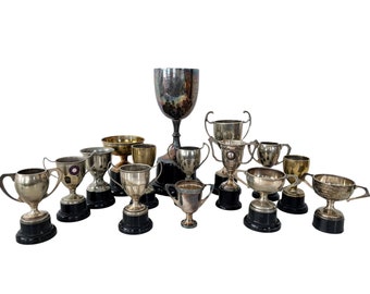 Vintage English Silver Plated Mixed Engraved Trophy Cup Collection Job Lot Of Fifteen Prizes Awards c1960-1990s / EVE