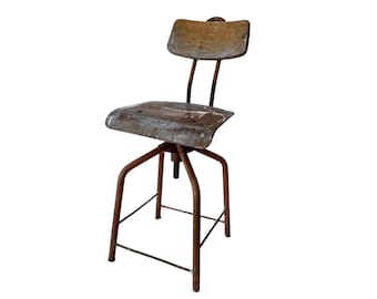 Vintage French Chair Atelier Studio Metal Wood Adjustable Stool Work Chair Seat Industrial Look Design Studio circa 1930-50's / EVE