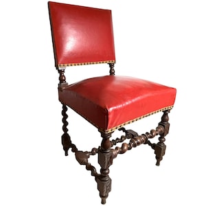 Vintage French Wooden Chair With Red Cushioned Seat Backrest Barley Twist Features Pleather TWO AVAILABLE c1960's / EVE