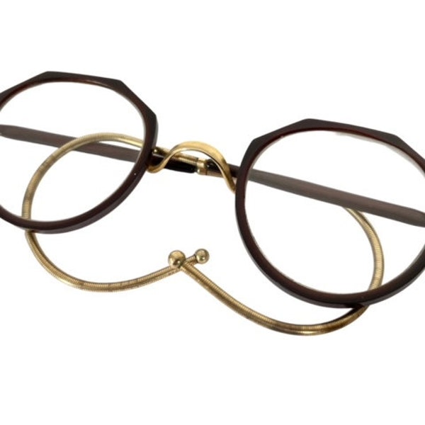 Antike Französische Vergoldete Horn umrandete Metall Gestempelt Lesebrille Brillen Optische Hilfsmittel um 1910-20 / EVE