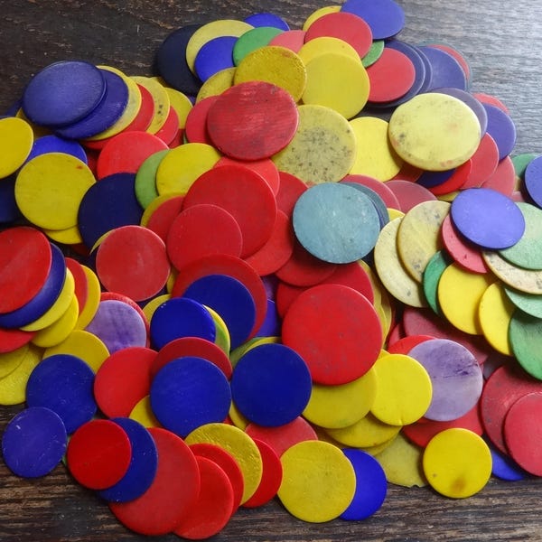 Lot de 100 jetons de jeu circulaires en os de bovin vintage, France