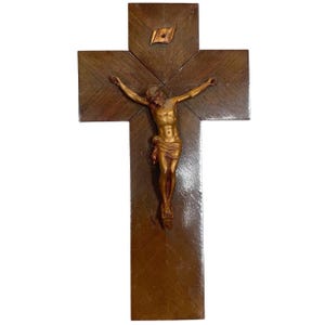 Vintage French Crucifix Catholic Jesus On The Cross Font Religious Wall Hanging circa 1950&#39;s / EVE