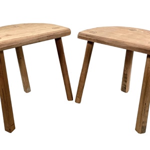 Vintage French Traditionally Made Wood Milking Stool Chair Seat Kitchen Farm D Shaped Seat Plant Stand Plinth Rustic Tabouret c2000's / EVE