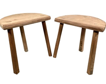 Vintage French Traditionally Made Wood Milking Stool Chair Seat Kitchen Farm D Shaped Seat Plant Stand Plinth Rustic Tabouret c2000's / EVE