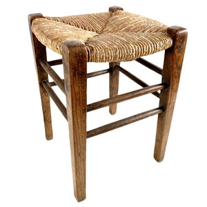 Stool Vintage French Brown Wood Wooden Woven Strung Rattan Raffia Footstool Foot Rest Footrest Display Stand Tabouret circa 1940-50's / EVE