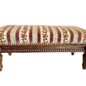 Vintage French Cushioned Bench Foot Stool Rose Cushion Padded Bench Wooden Wood Chair Seat Side Prop Display Cross Stitch c1940-50&#39;s / EVE
