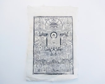 Vintage népalais Lokta Himalaya bouddhisme bouddhiste bouddha temple traditionnel impression sur papier fait main art c1960-70 / EVE of Europe
