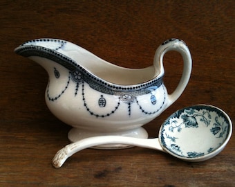 Antique English Blue and White Gravy Boat with Mismatched Ladle circa 1910's / EVE of Europe