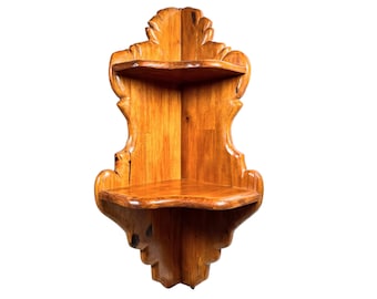 フランス製のアンティークなヴィンテージ木製壁掛けコーナーシェルフ