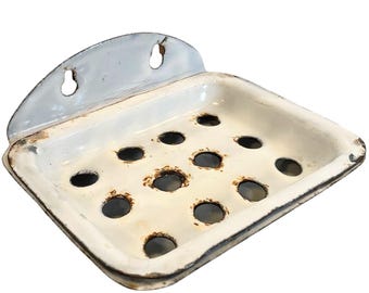Antique French White Enamel Iron Bathroom Kitchen Soap Dish Container Wall Mounted Or Self Standing c1920's / EVE