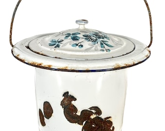 Vintage French Metal White Blue Enamel Iron Enamel Vegetable Waste Recycling Kitchen Bin Chicken Animal Feed Compost c1950's / EVE