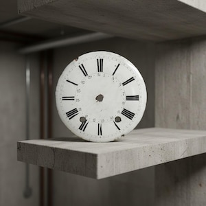 May include: A vintage clock face with a white background and black Roman numerals. The clock face has a circular shape and is resting on a gray concrete shelf. The numbers are arranged around the perimeter of the face.