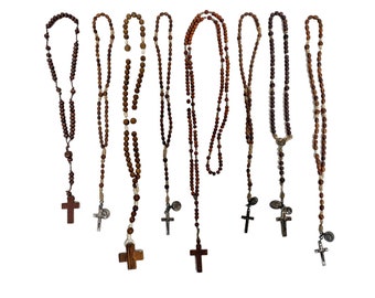 Vintage French Rosary Crucifix Necklace Wooden Beads Lourdes Souvenir Collectio Job Lot circa 1970-80's / EVE