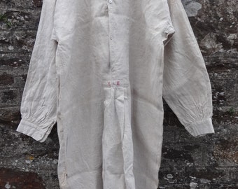 Antique French Farmer Linen Night Shirt Smock Biaude Embroidered EB Medium Large Ladies Mens circa 1900's / EVE of Europe