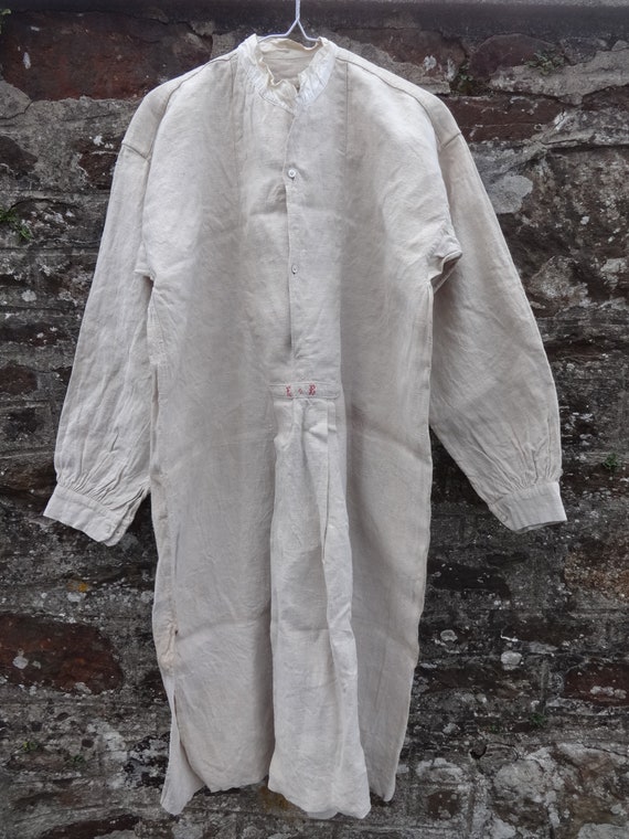 Antique French Farmer Linen Night Shirt Smock Bia… - image 1