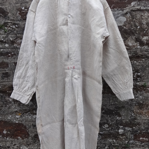 Antique French Farmer Linen Night Shirt Smock Biaude Embroidered EB Medium Large Ladies Mens circa 1900's / EVE of Europe