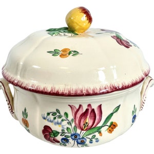 Vintage French Faience Longchamp Trianon Hand Painted Serving Tureen Traditional Large Ceramic Terrine Bowl Plate Dish Pot c1950&#39;s / EVE