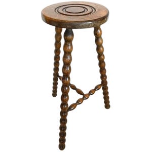 Vintage French Tripod Braced Tall Bar Kitchen Stool Chair Varnished Wood Round Seat Bobbin Leg Rest Stand Plinth Tabouret c1960&#39;s / EVE