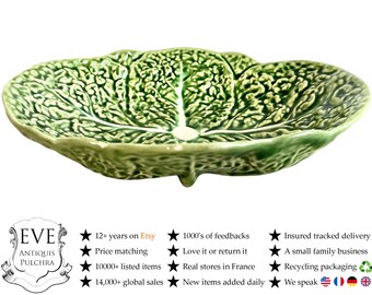 Vintage Portugese Green Cabbage Leaf Design Large Bowl Dish Platter Plate Ceramic Catch-All Trinket Fruit Serving circa 1960-70's / EVE