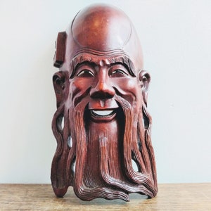 Vintage Japanese Wall Hanging Man Idol Buddha Bust Statue Art Carving Sculpture Wood Ornament circa 1950-1970&#39;s / EVE of Europe