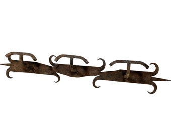 Vintage French Metal With Heavy Patina Coat Hook Coat Rack Hooks Storage Door Wall Hanging Industrial Set Of Three c1950-60's / EVE