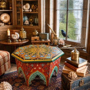 May include: An octagonal wooden table featuring a vibrant, hand-painted geometric pattern in red, yellow, blue, and green. The table has arched cutouts at the base and a flat top with a central star motif, surrounded by intricate floral scrollwork.